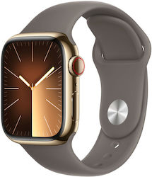 Apple Watch Series 9 Cellular Oțel inoxidabil 41mm Rezistent la apă cu eSIM și pulsometru (Gold with Clay Sport Band (M/L))