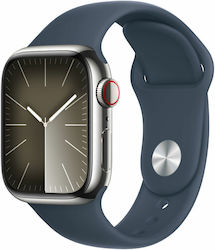 Apple Watch Series 9 Cellular Stainless Steel 41mm Waterproof with Heart Rate Monitor (Silver with Storm Blue Sport Band (S/M))