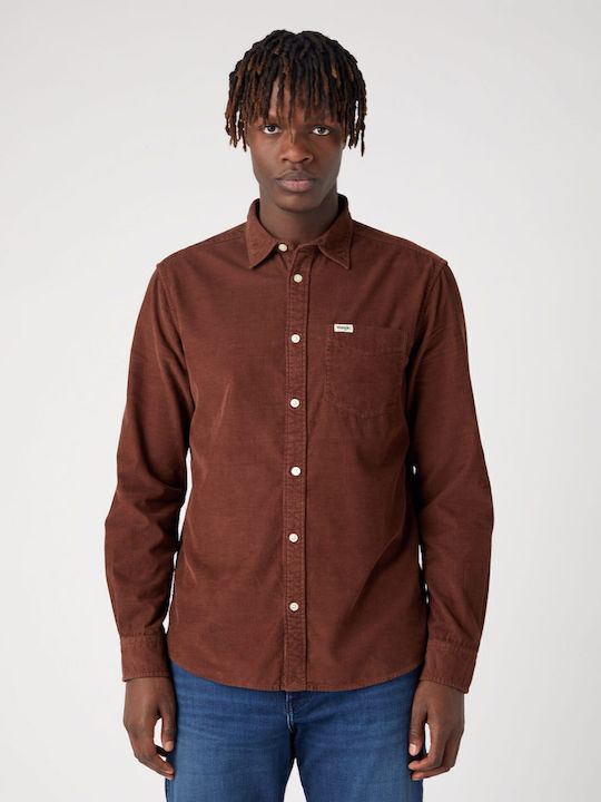 Long Sleeve Corduroy Shirt in Narrow Fit Brown