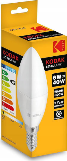 Kodak Λάμπα LED 6W 100mm για Ντουί E14 και Σχήμα C37 Θερμό Λευκό 480lm