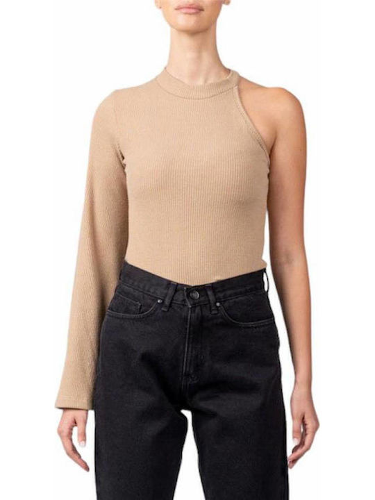 Damen Bluse Schulterfrei mit einem Schulter Beige