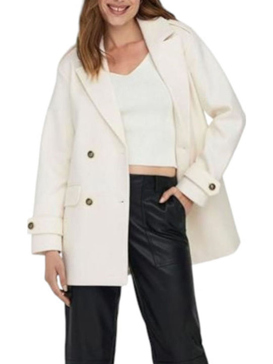 Women's White Peacoat with Buttons