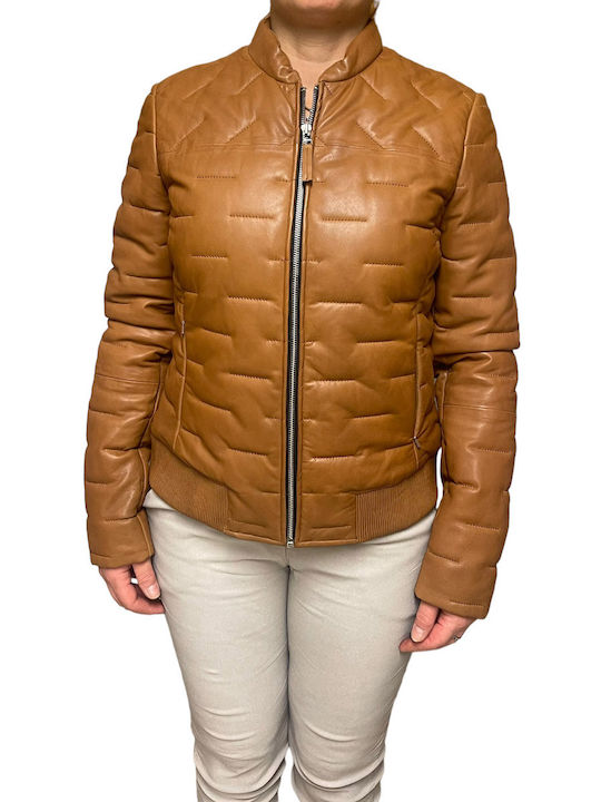 MARKOS LEATHER Women's Short Lifestyle Leather Jacket for Winter Tabac Brownc Brown