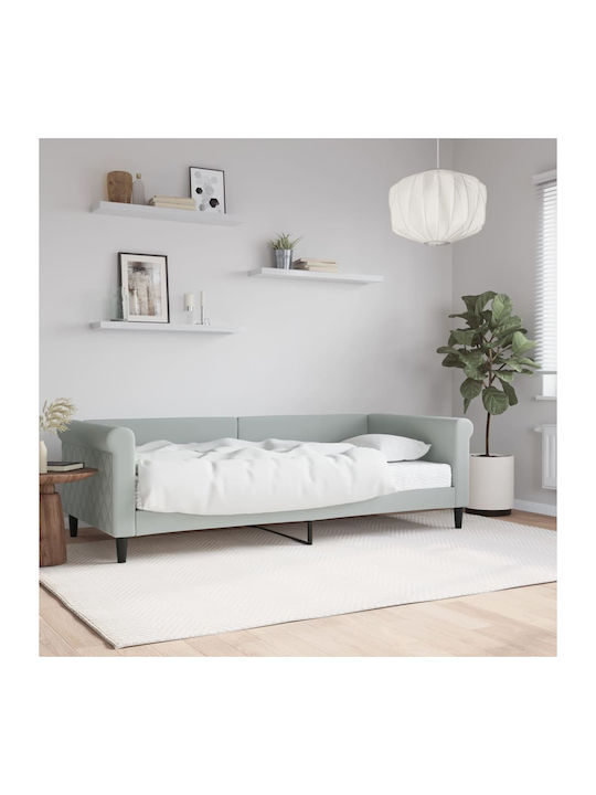 Καναπές Κρεβάτι Μονό Επενδυμένο με Ύφασμα Ανοιχτό Γκρι με Τάβλες για Στρώμα 90x200cm