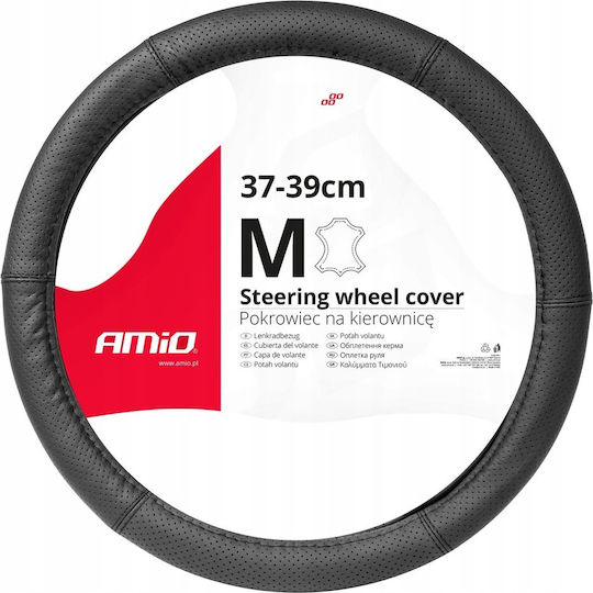 AMiO Car Steering Wheel Cover with Diameter 37-39cm Leather Black with Black Stitching