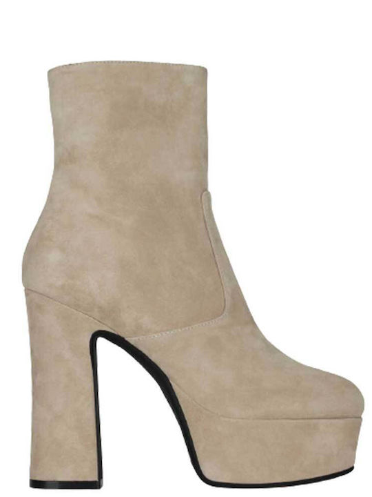 Suede Women's Ankle Boots with High Heel Beige