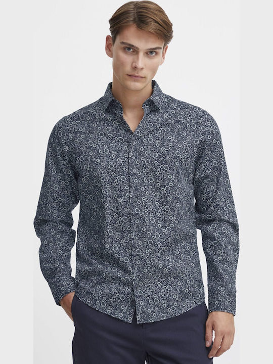 Long-sleeved Cotton Shirt Floral Navy Blue