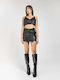 Women's Crop Top Leather with Straps & Zipper Black