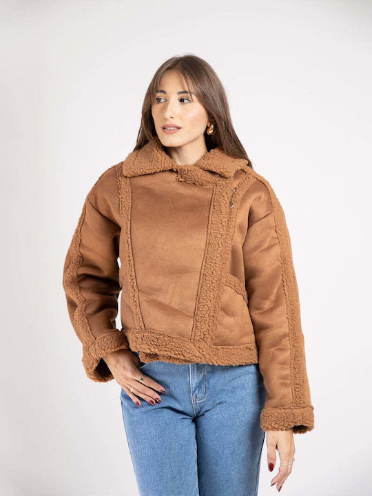 Women's Short Puffer Suede Jacket for Winter Brown