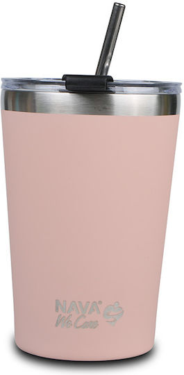 Nava Glass Thermos Stainless Steel 450ml Pink with Straw