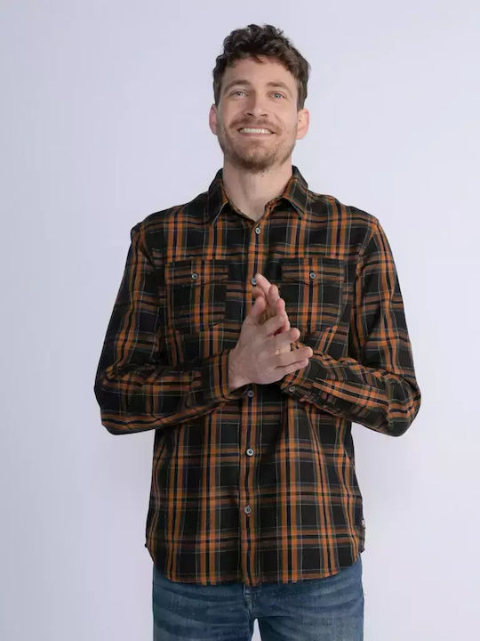 Petrol Industries Men's Shirt Long Sleeve Cotton Checked Orange