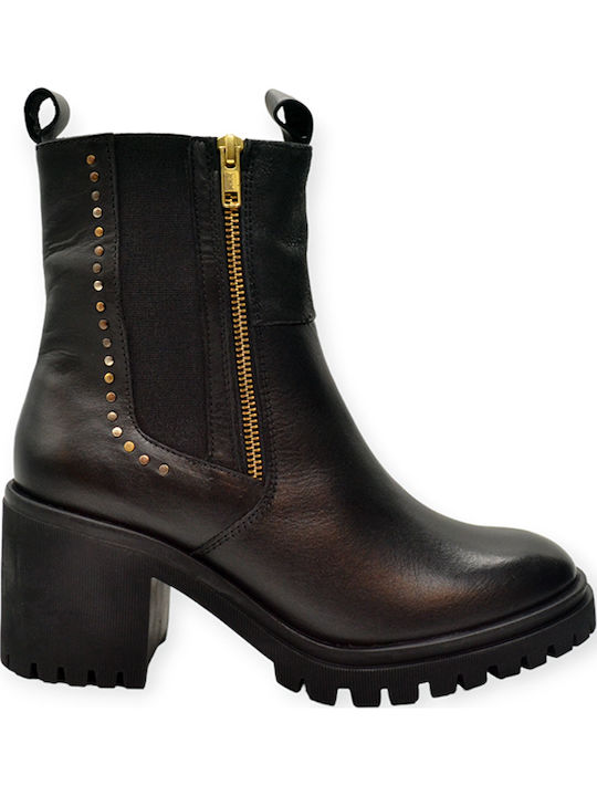Leder Damen Stiefeletten mit Mittelhohem Absatz Schwarz