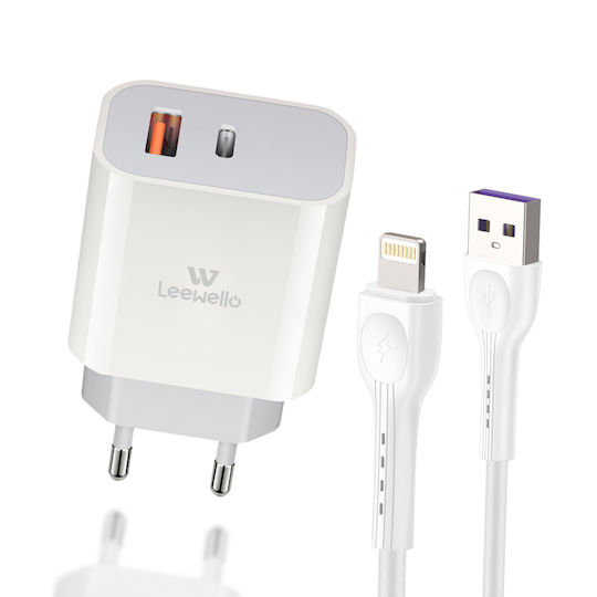 Leewello Зарядно Устройство с USB-A Изходен Порт и USB-C Изходен Порт и Кабел Lightning 20W Бял Lw-153