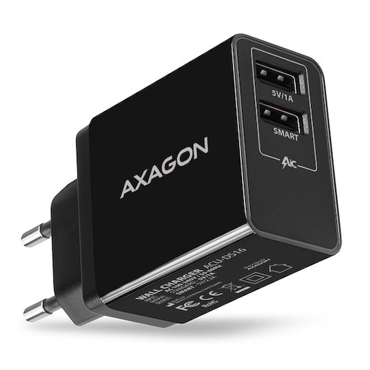 Axagon Ladegerät ohne Kabel mit 2 USB-A Anschlüsse 16W Schwarzs (ACU-DS16)