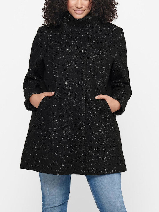Wool Women's Black Coat with Buttons