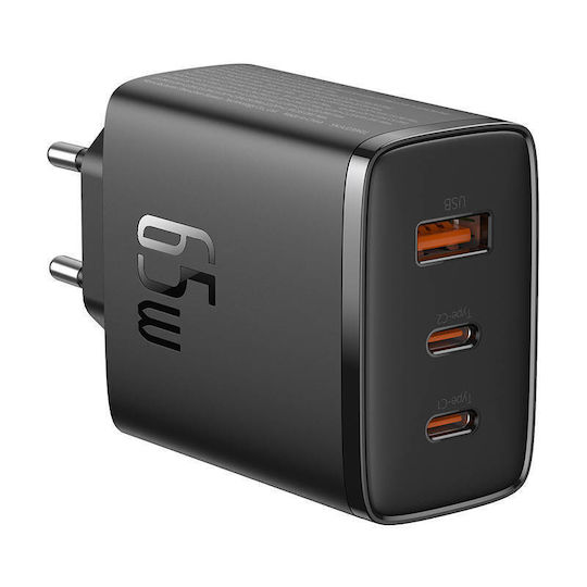Baseus Φορτιστής Χωρίς Καλώδιο GaN με Θύρα USB-A και 2 Θύρες USB-C 65W Power Delivery / Quick Charge 3.0 Μαύρος (Cube Pro)