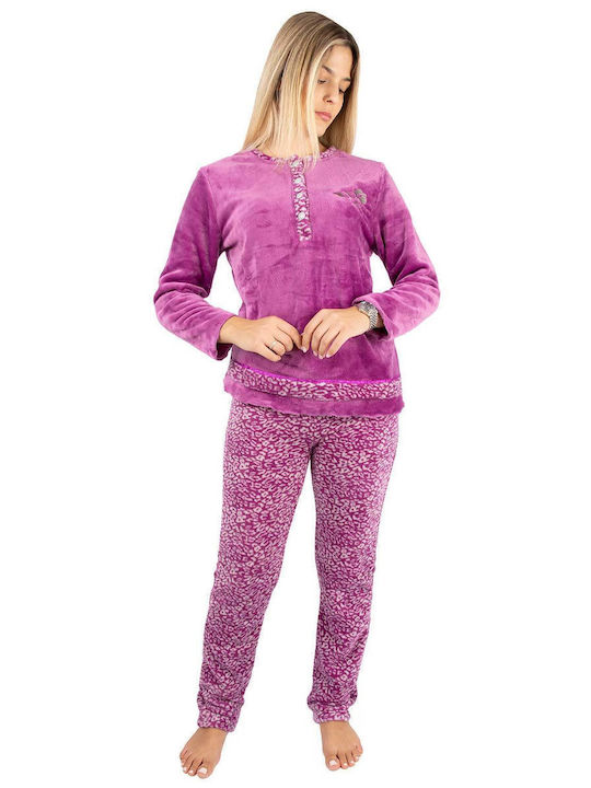 Lydia Creations Winter Damen Pyjama-Set Vlies Lila