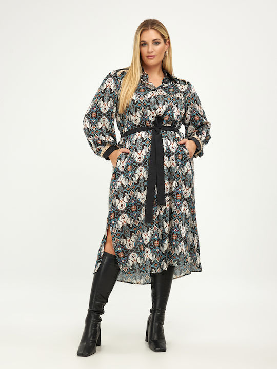 Mat Fashion All Day Satin Maxi Shirt Dress with Collar Blue Print