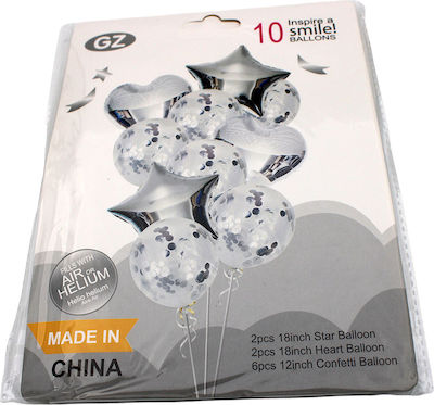 Set of 10 Balloons Foil Silver Valentine's Day Stars 46cm