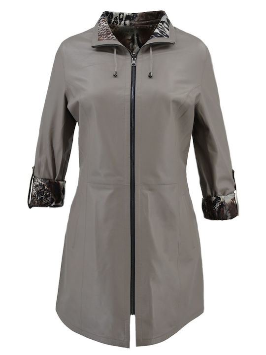 Women's Short Lifestyle Leather Jacket Double Sided for Winter Beige