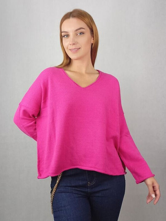 Moutaki Damen Langarm Pullover mit V-Ausschnitt Fuchsie