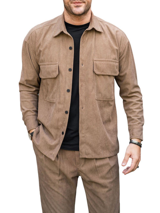 Μακρυμάνικo Κοτλέ Overshirt σε Φαρδιά Γραμμή Καφέ