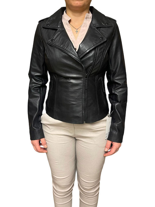 Women's Short Lifestyle Leather Jacket for Winter Black