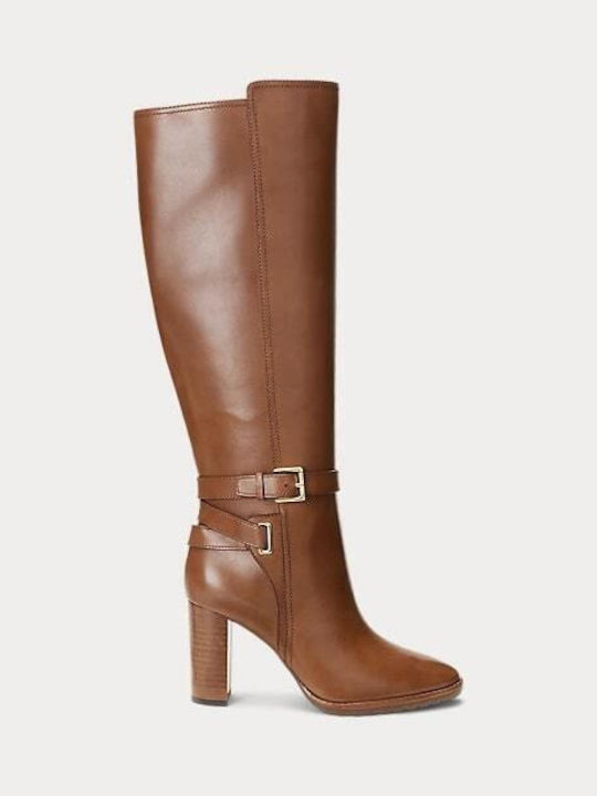 Ralph Lauren Leather High Heel Women's Boots with Zipper Brown