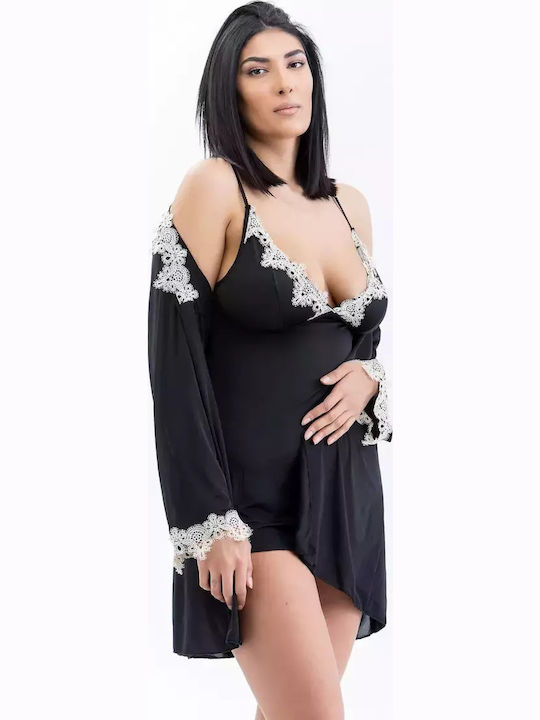 Lafagot Winter Women's Robe with Nightdress Black