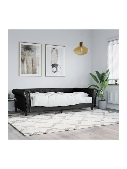 Καναπές Κρεβάτι Μονό Επενδυμένο με Δερματίνη Μαύρος με Τάβλες & Στρώμα 90x200cm
