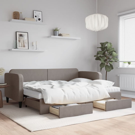 Canapea Pat Single din Lemn Masiv Bej-gri cu Lamele & Saltea 80x200cm