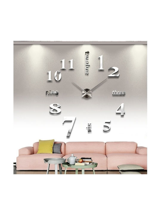 Μεγάλο Τρισδιάστατο 3D Ρολόι Modern Large 3D Wall Clock Numbers Letters DIY Silver Πλαστικό
