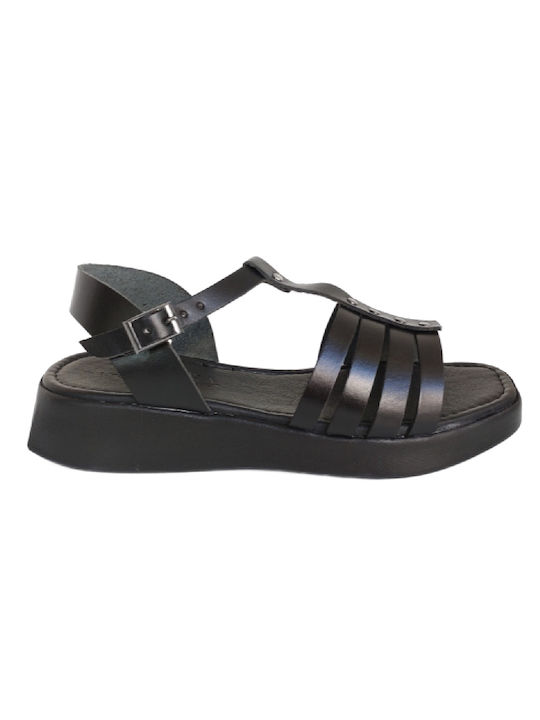 Manlisa Leather Women's Sandals with Ankle Strap Black