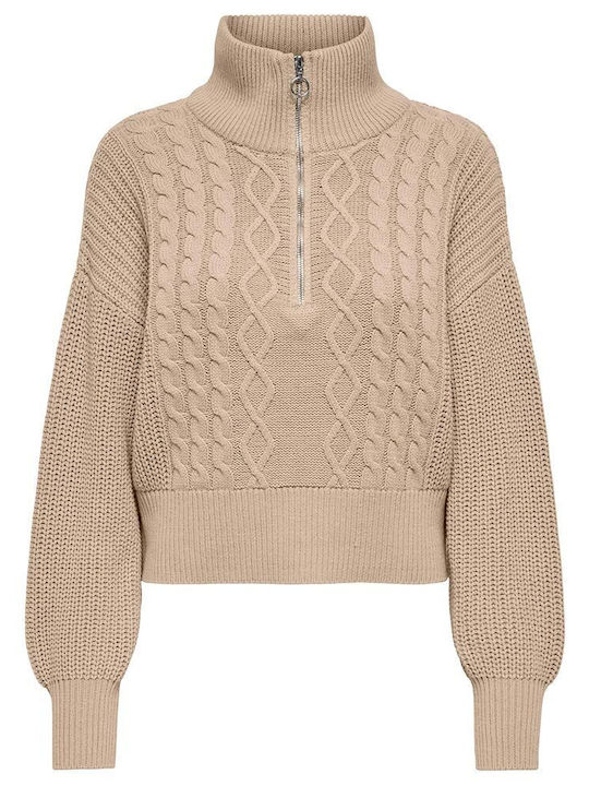 Only Damen Langarm Pullover Baumwolle mit Reißverschluss Beige