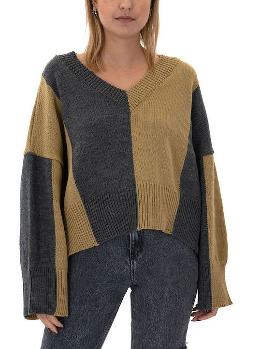 Moutaki Damen Langarm Crop Pullover mit V-Ausschnitt Gray