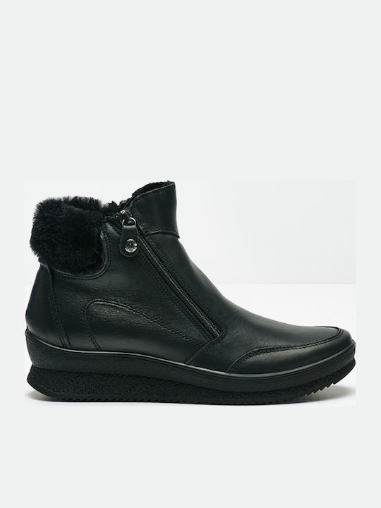 Leather Women's Ankle Boots Platform & Fur Black