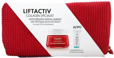 Vichy Liftactiv Collagen Specialist Skin Care Set for Αnti-ageing & Facial Cleaning with Face Cleanser , Face Cream & Toiletry Bag