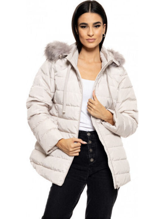 Women's Short Puffer Jacket for Winter with Hood White
