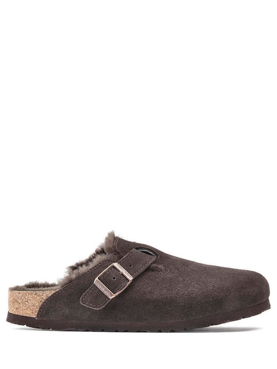 Boston Suede Shearling Χειμερινές Γυναικείες Παντόφλες με Γούνα Mocca Narrow Fit