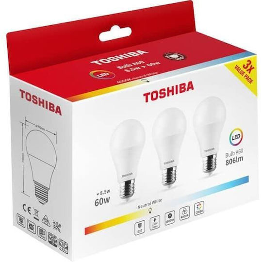 Toshiba Λάμπες LED 8.5W για Ντουί E27 και Σχήμα A60 Φυσικό Λευκό 806lm 3τμχ