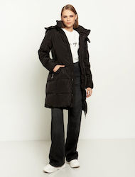 Toi&Moi Women's Long Puffer Jacket for Winter with Hood Black