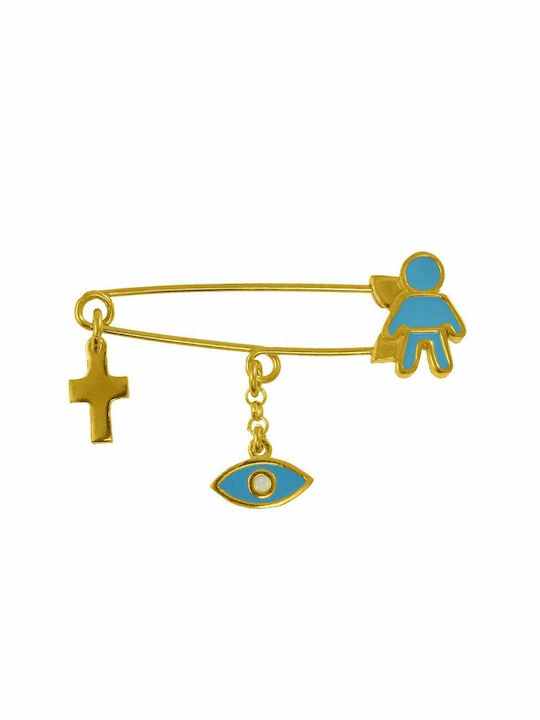 Amor Amor Child Safety Pin Ματάκι made of Gold Plated Silver with Cross