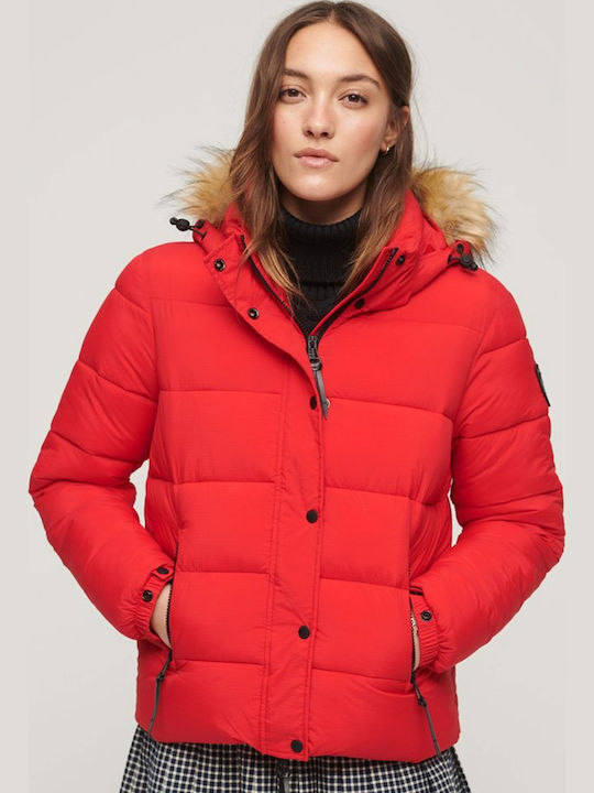 D3 Ovin Faux Women's Short Puffer Jacket for Winter with Hood Red