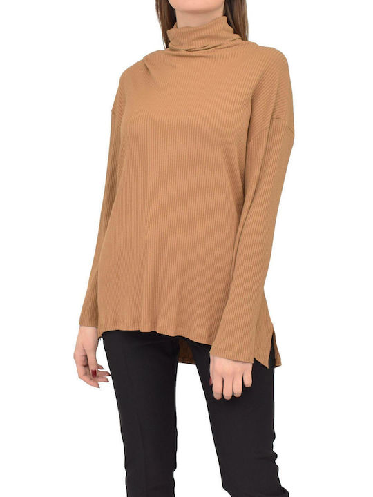 MY T Women's Long Sleeve Pullover Turtleneck Beige