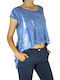 Bigbong Damen Crop Top Baumwolle Kurzärmelig mit Smiley-Ausschnitt Blue marble.