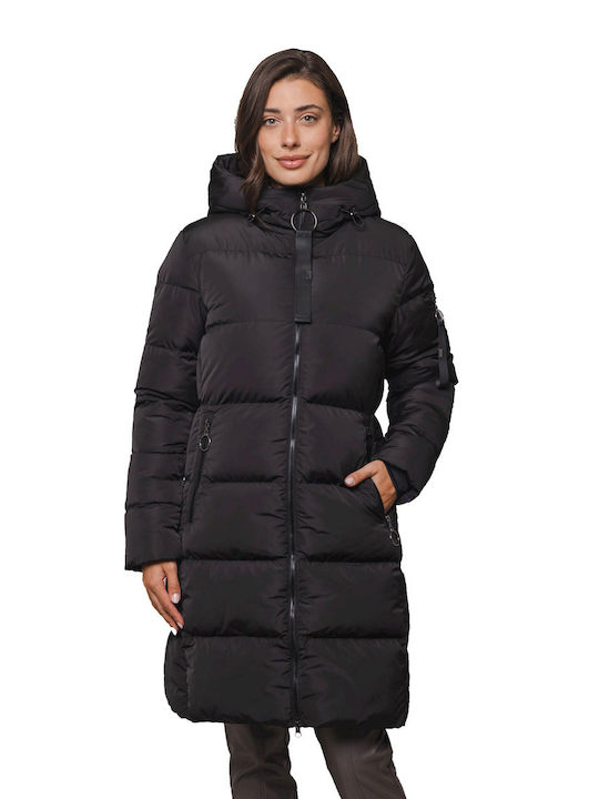 Rino&Pelle Women's Long Puffer Jacket for Winter with Hood BLACK