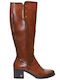 Leather Medium Heel Riding Boots with Rubber / Zipper Brown
