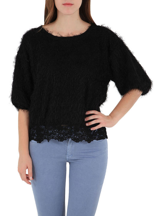 Traffic People Women's Blouse Cotton with 3/4 Sleeve Black