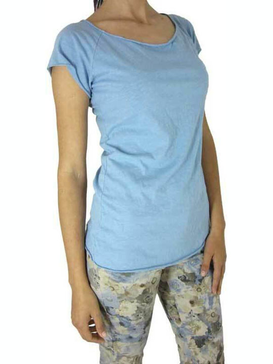 Perfect Women's Blouse Cotton Short Sleeve with Smile Neckline blue