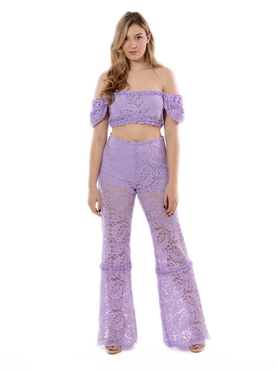 Stefania Vaidani Waisted Culottes Women's Fabric Palazzo Pants Purple